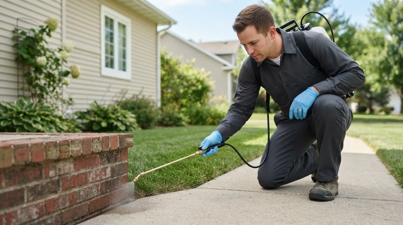 Pest control technician treating a home near Aldie, VA